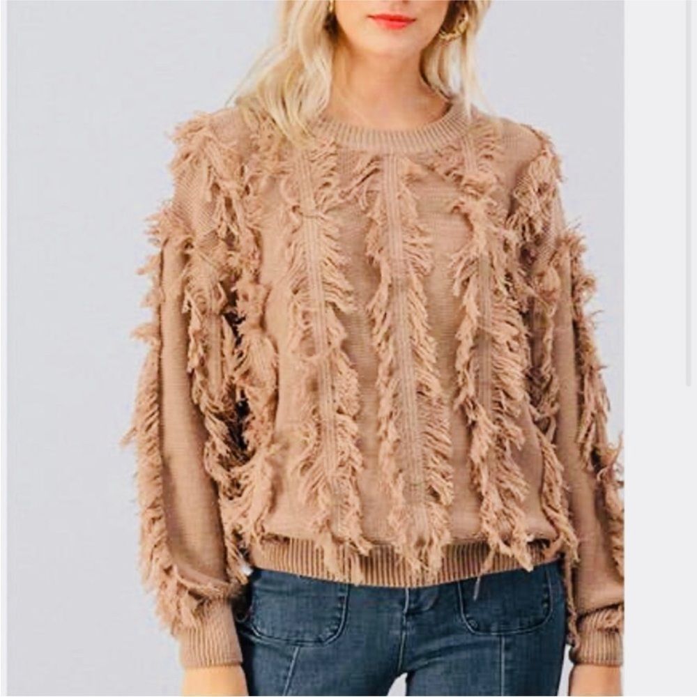 AKAIV | Fuzzy Fringe Tan Boho Style Sweater Women’s Size Medium/Large